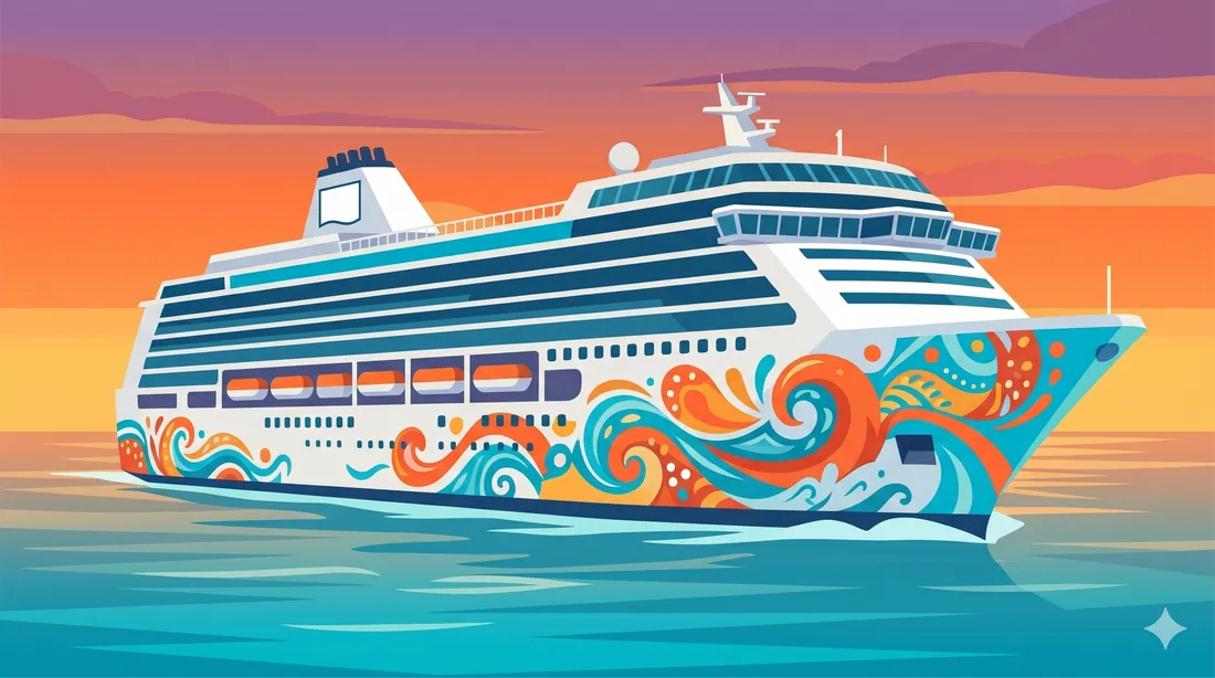 Norwegian Prima de NCL navegando con la cubierta panorámica iluminada al atardecer
